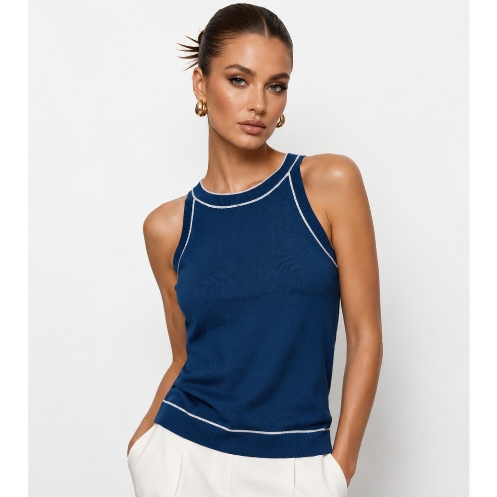 Les Serein Contrast High Neck Sleeveless Knit Tank Blue L NWT